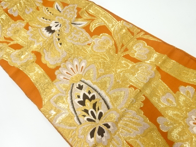 JAPANESE KIMONO / ANTIQUE FUKURO OBI / SILK / WOVEN FLORAL PLANTS